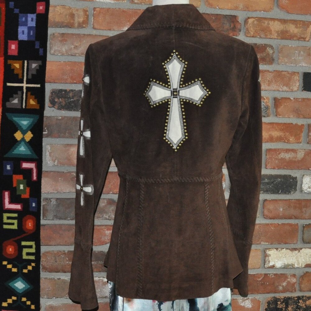 Vintage Brown & Tan Suede Leather Studded Cross Inlay Western Hippie Jacket M